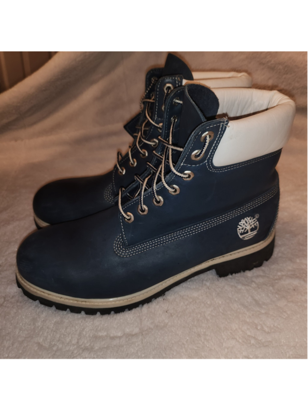Timberland Blue Leather Boots 11M White Collar Lug Sole Vintage Y2K Workwear
